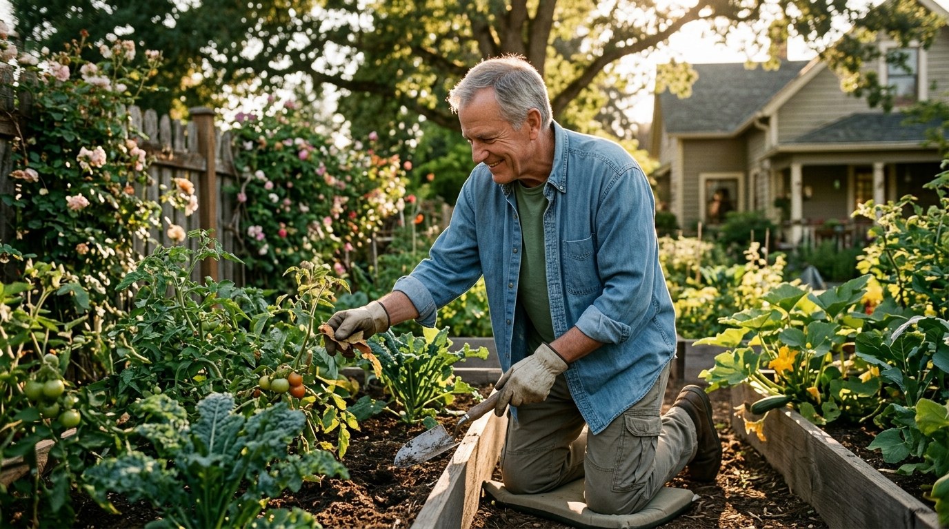 Healthy senior man tending a vegetable garden in a bright sunny backyard