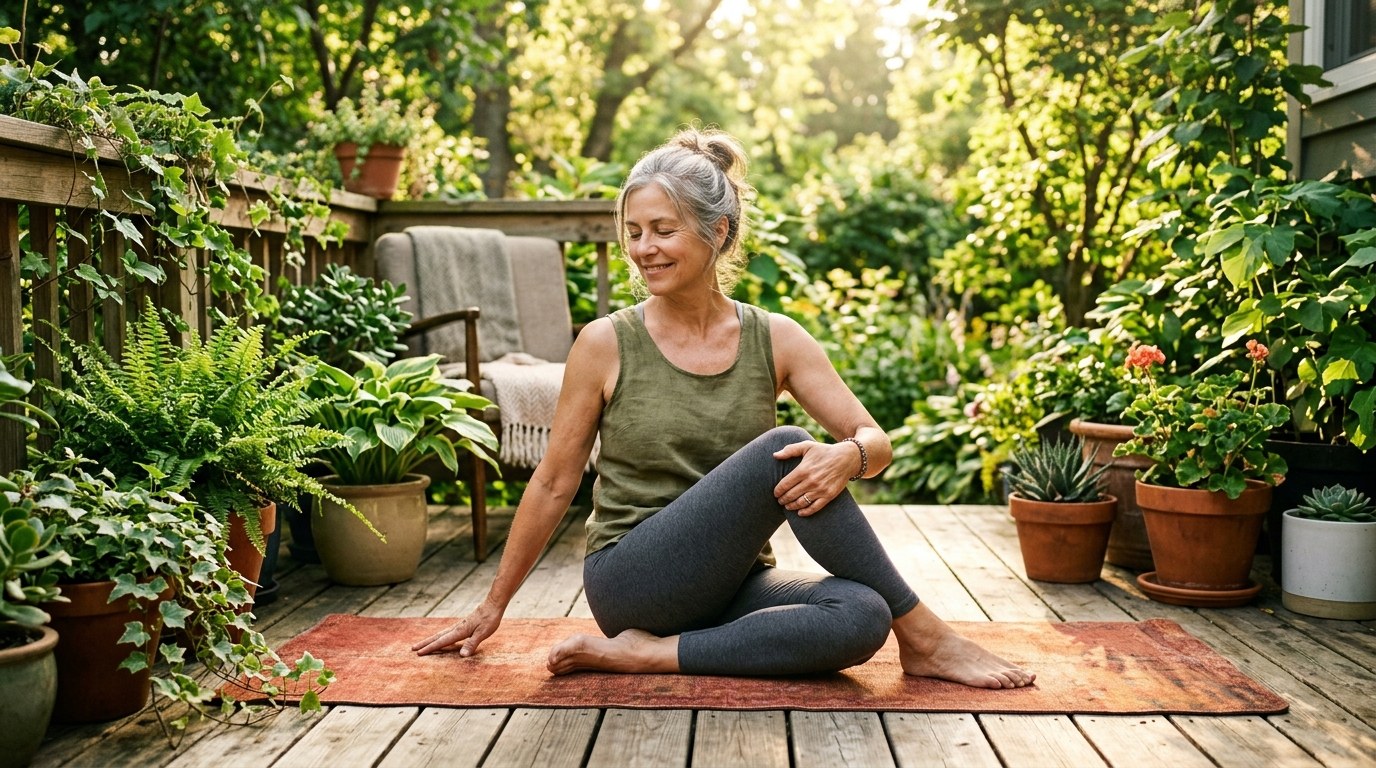 Woman doing morning yoga on a sunlit deck